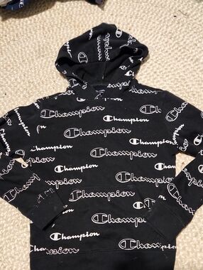 Champion Black Hoodie with White Logo Print